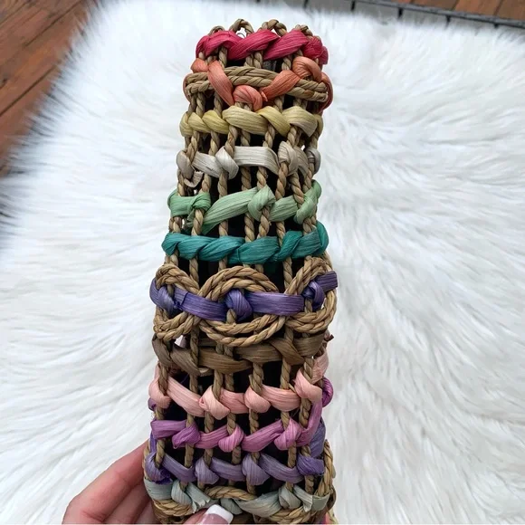 Vintage T. Cappelli Colorful Boho Straw Woven Bag Round Wooden Handle - Picture 10 of 10